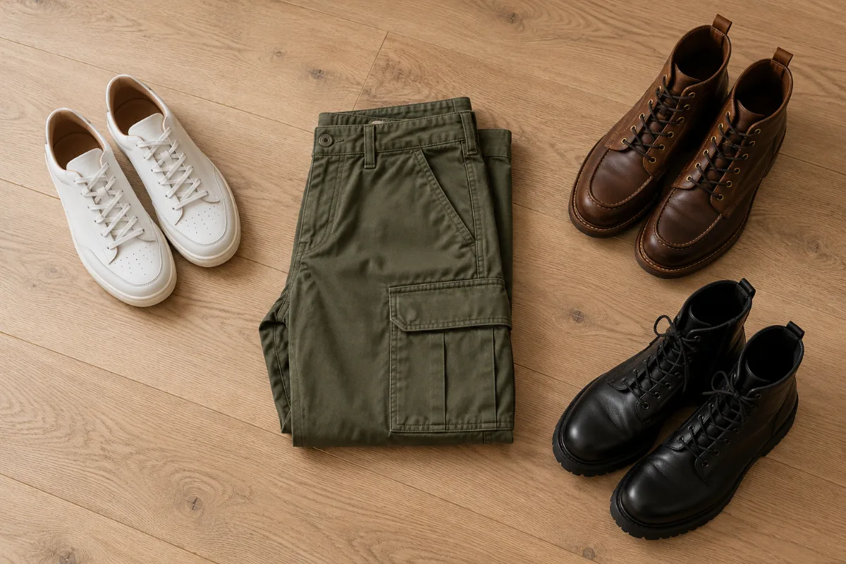 Quelles chaussures mettre avec un pantalon cargo homme : baskets blanches, boots en cuir marron et bottes militaires noires