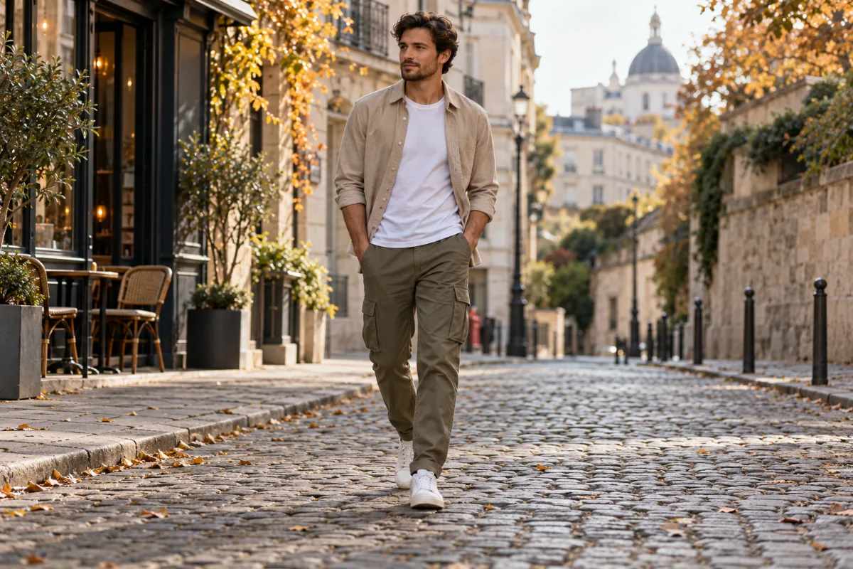 Pantalon cargo homme kaki porté avec un t-shirt blanc, une surchemise beige et des baskets blanches