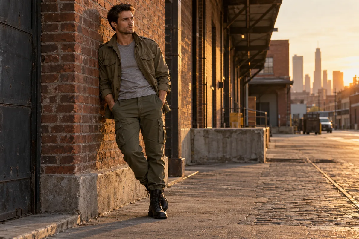 Look militaire avec un pantalon cargo homme vert olive, une veste de terrain kaki et des bottes militaires noires